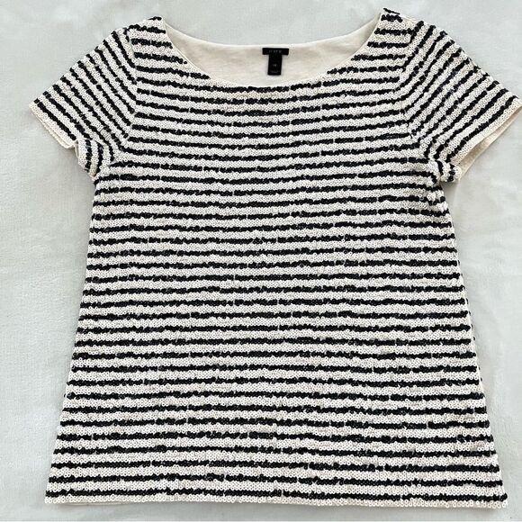 J. Crew Ivory and Black Sequin Stripe Embellished T-shirt, Size XS - Picture 7 of 14